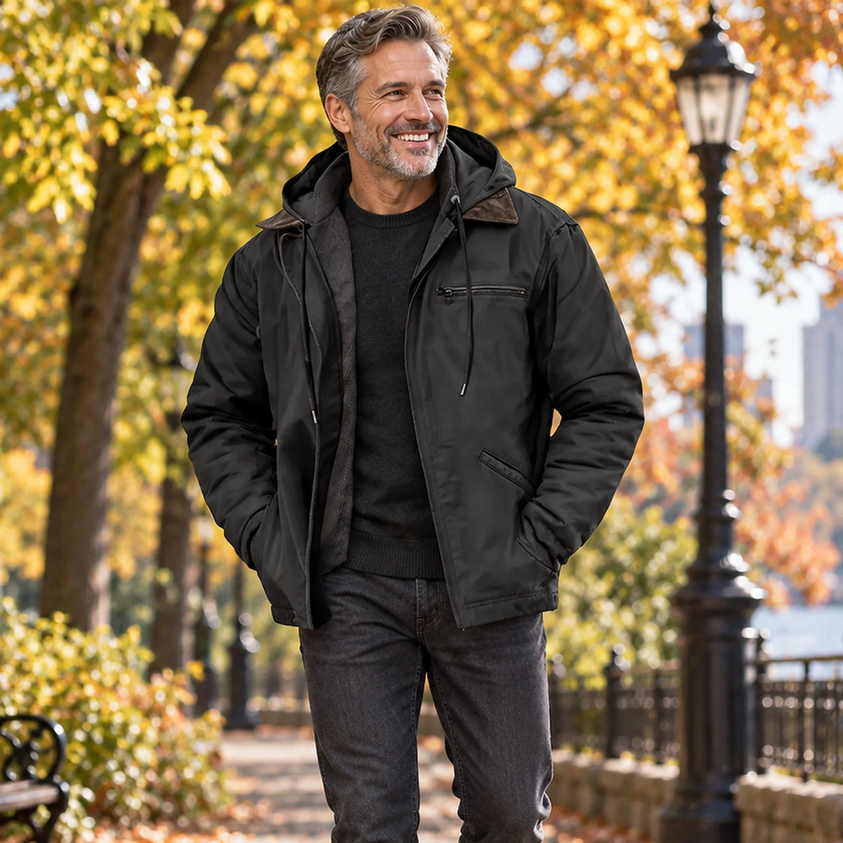 Jacket focused front view of the full Black Nathan Mens Hooded High Loft Puffer Coat worn by a happy adult model in — view 2