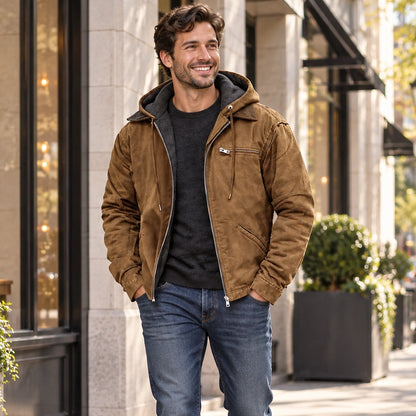 Jacket focused front view of the full Brown Nathan Mens Hooded High Loft Puffer Coat worn by a happy adult model in — view 3