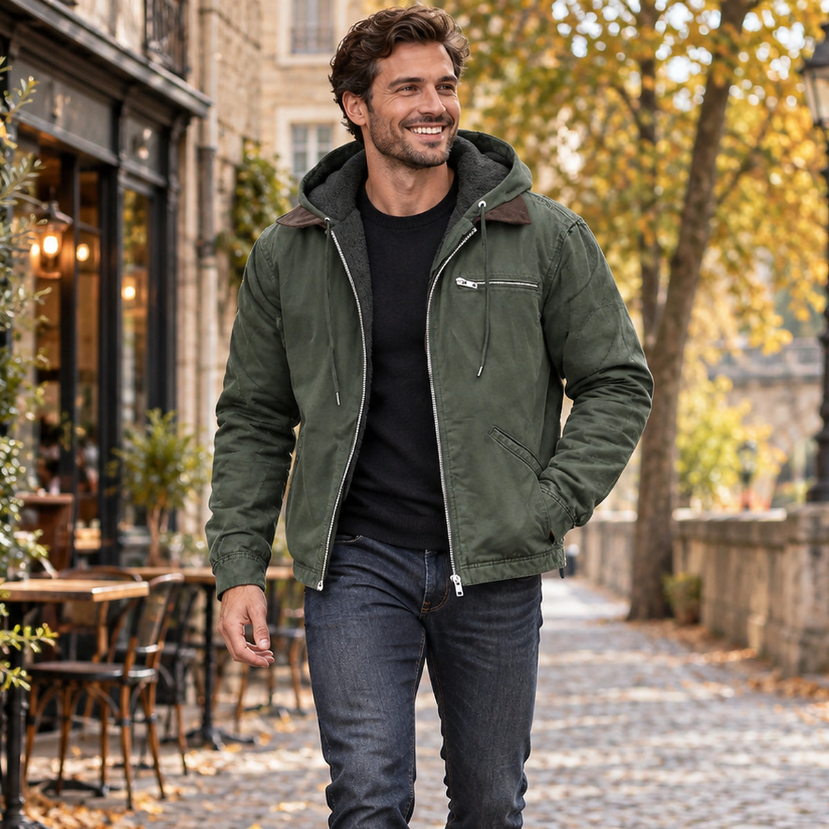 Jacket focused front view of the full Green Nathan Mens Hooded High Loft Puffer Coat worn by a happy adult model in — view 5
