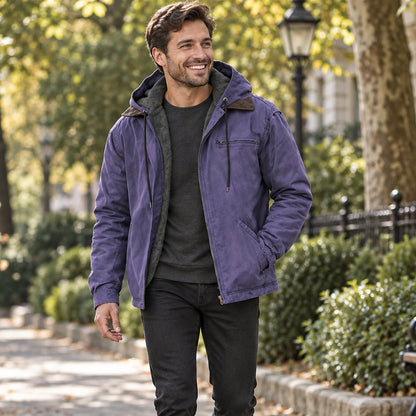 Jacket focused front view of the full Purple Nathan Mens Hooded High Loft Puffer Coat worn by a happy adult model in — view 7