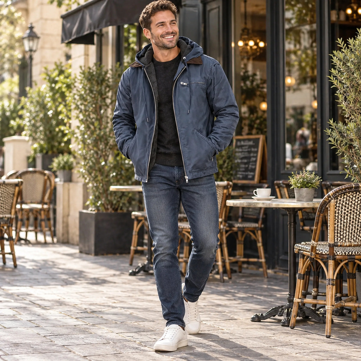 Happy adult model wearing the full Navy Blue Nathan Mens Hooded High Loft Puffer Coat on a cool UK autumn street — view 8