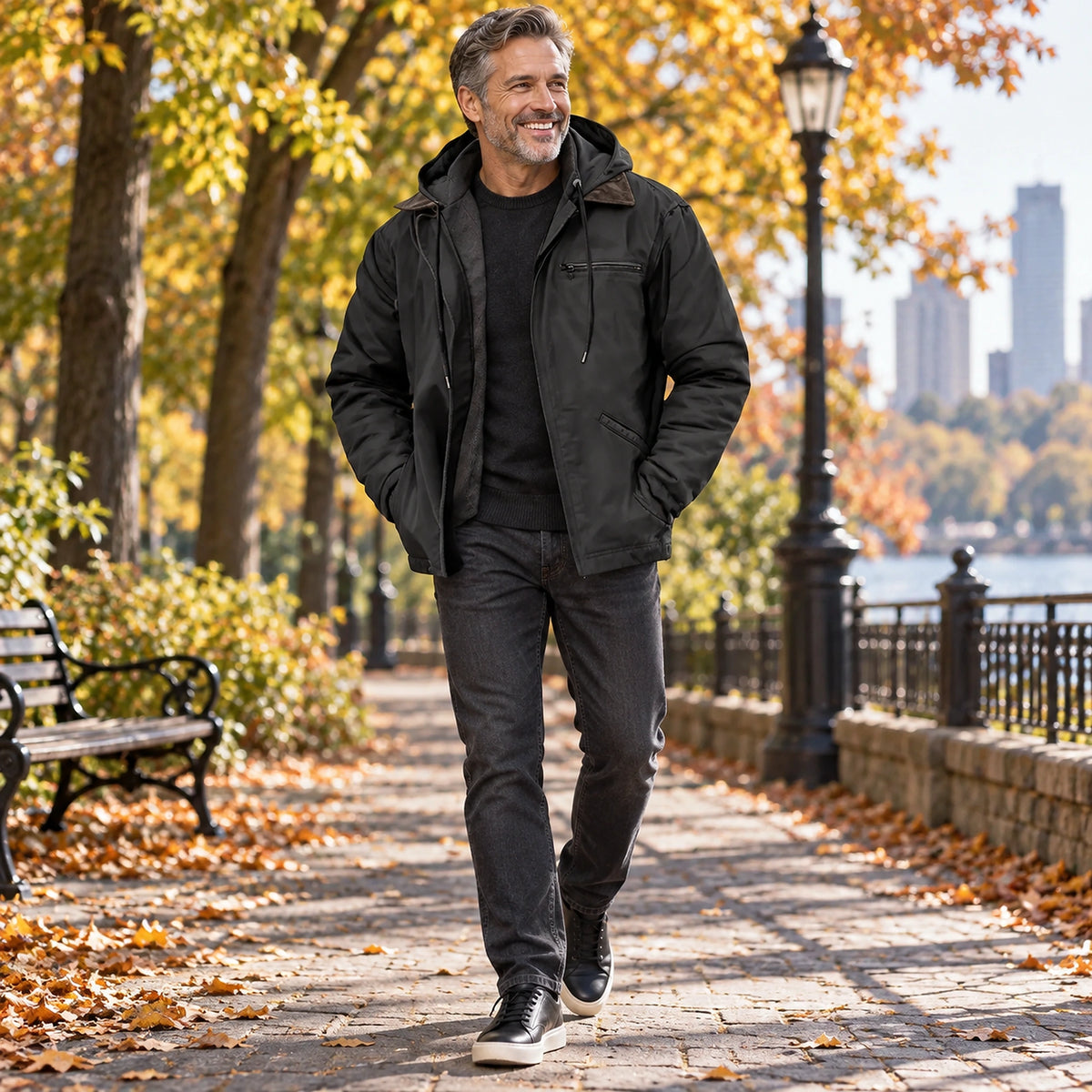 Happy adult model wearing the full Black Nathan Mens Hooded High Loft Puffer Coat on a cool UK autumn street — view 9