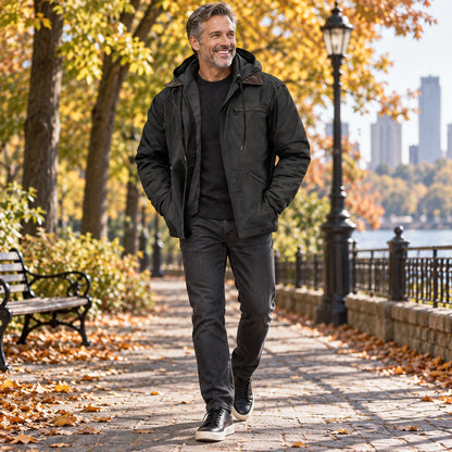 Happy adult model wearing the full Black Nathan Mens Hooded High Loft Puffer Coat on a cool UK autumn street — view 9