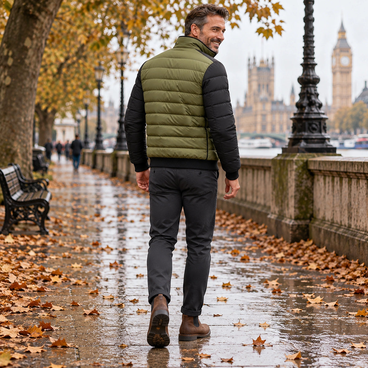 Back full length view of the Green garment worn by a happy adult model in cool UK autumn setting — view 5