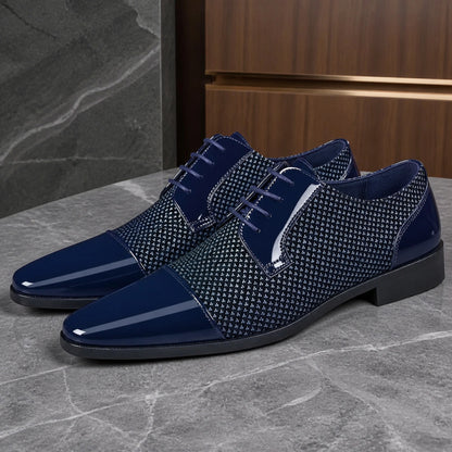 Navy blue patent toe textured Oxford shoes complete pair view