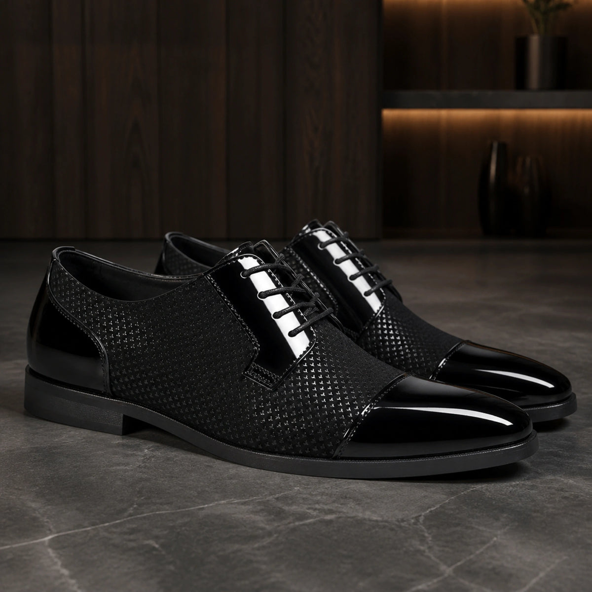 Black patent toe textured Oxford shoes complete pair view — view 2