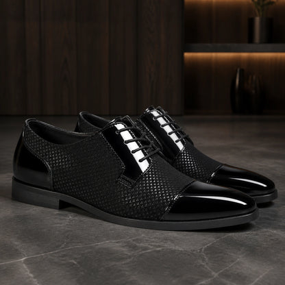 Black patent toe textured Oxford shoes complete pair view — view 2