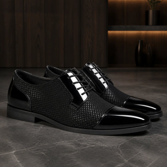 Black patent toe textured Oxford shoes complete pair view — view 2