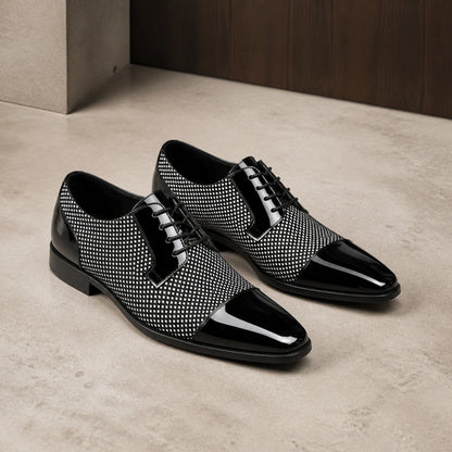Gray and black patent toe Oxford shoes complete pair view — view 3