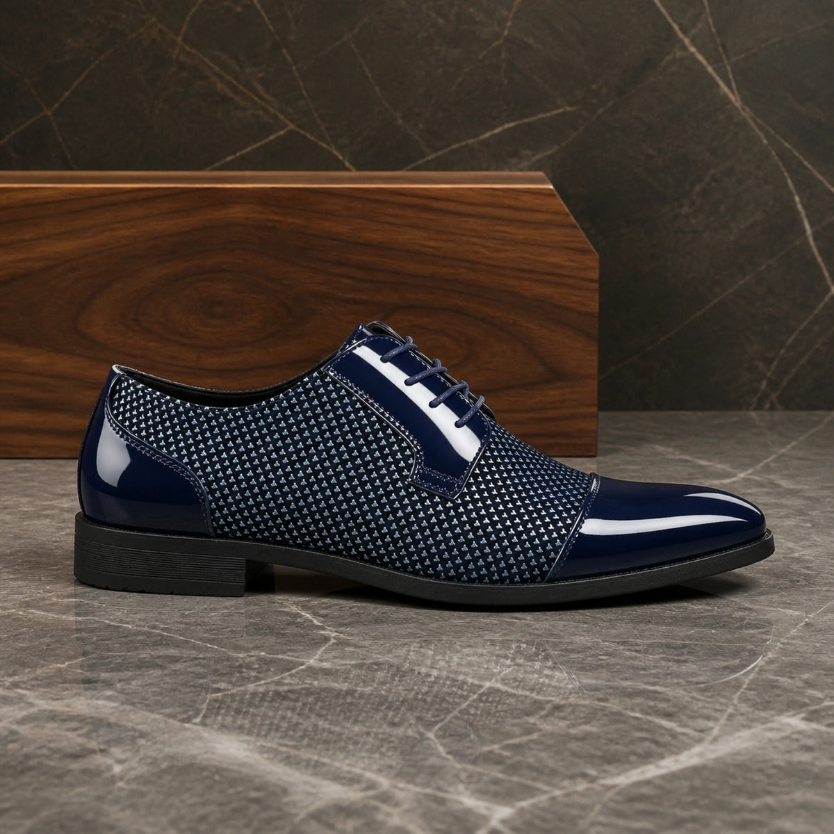 oxford shoes — Navy blue textured Oxford shoe true side view — view 4