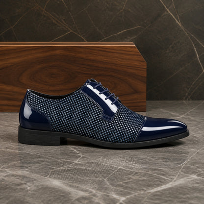 oxford shoes — Navy blue textured Oxford shoe true side view — view 4