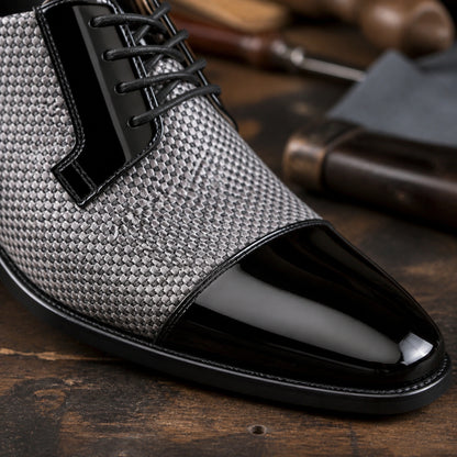 oxford shoes — Gray textured Oxford shoe patent cap toe detail — view 6