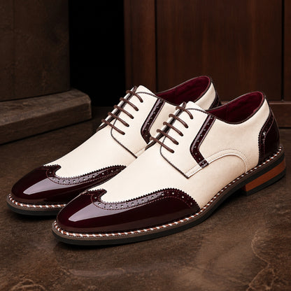 Cream and burgundy two tone wingtip Oxford shoes complete pair view