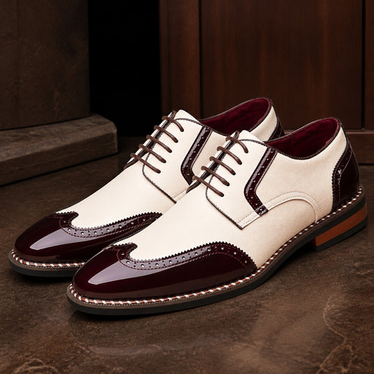 Cream and burgundy two tone wingtip Oxford shoes complete pair view