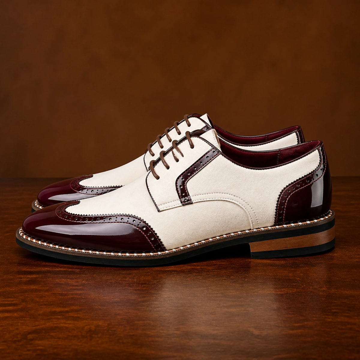 oxford shoes — Cream and burgundy Oxford shoe true side view — view 4