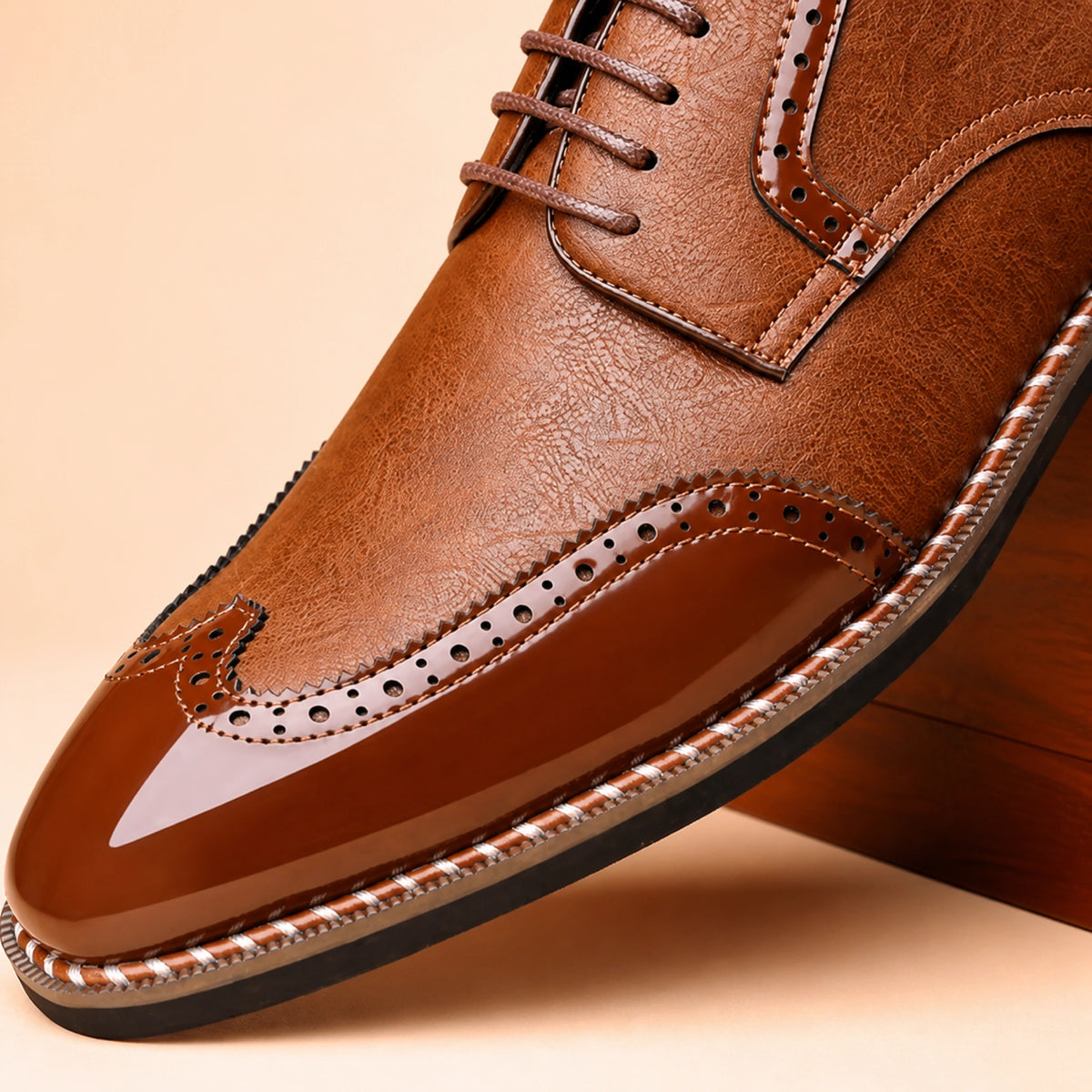 oxford shoes — Tan brown Oxford shoe brogue construction detail — view 6