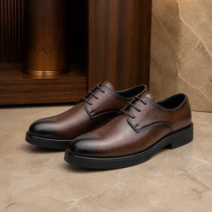 oxford shoes — Dark brown structured plain toe Derby shoes complete pair view