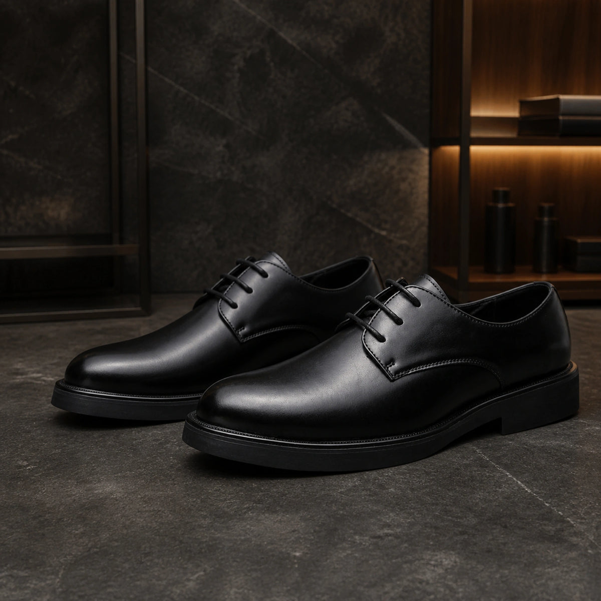 oxford shoes — Black structured plain toe Derby shoes complete pair view — view 2