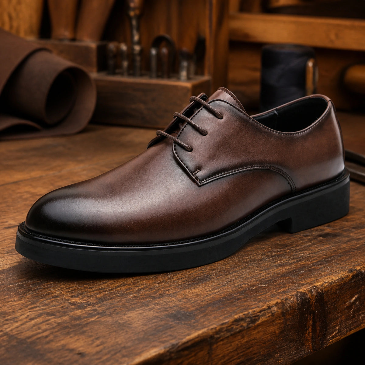 oxford shoes — Dark brown Derby shoe leather and open lacing detail — view 5