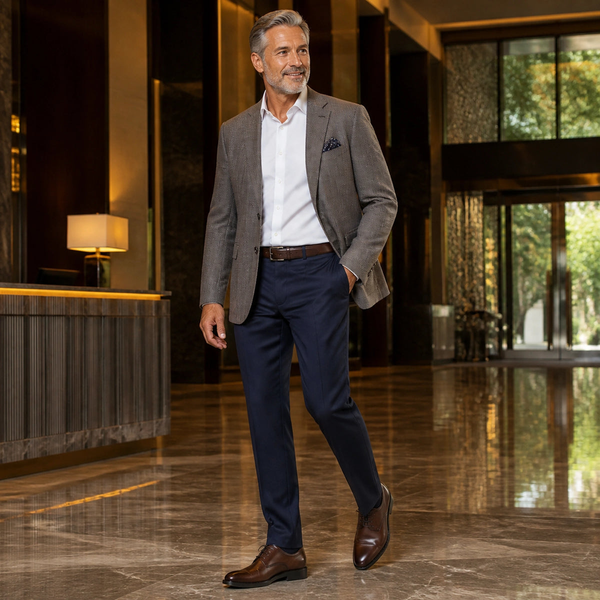 oxford shoes — Mature man wearing dark brown Derby shoes in a hotel — view 6