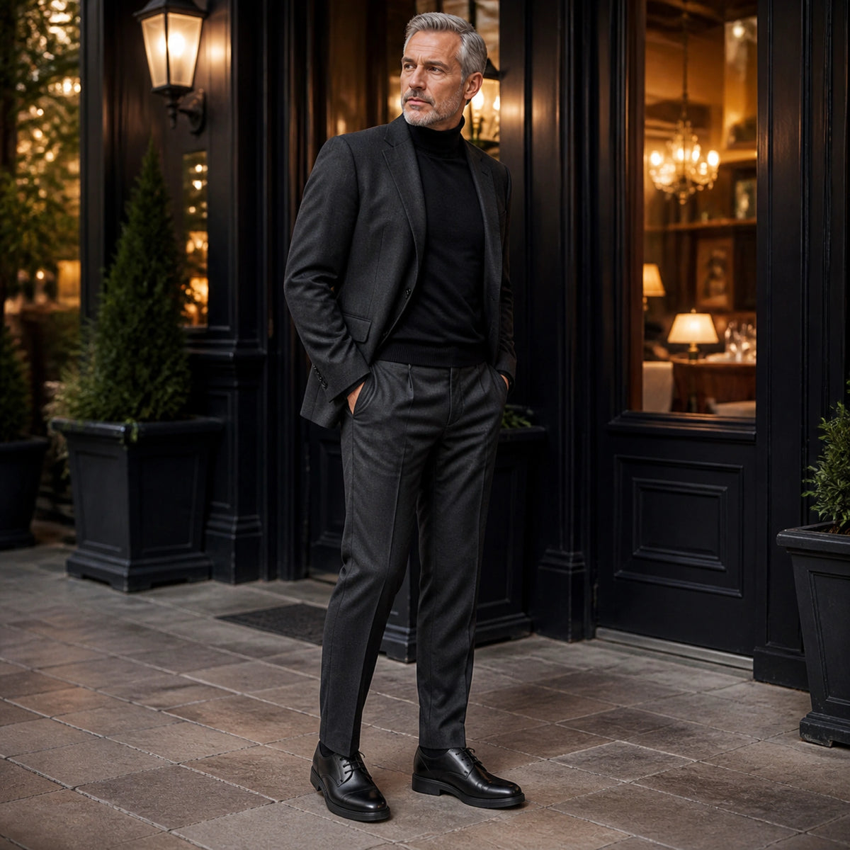 oxford shoes — Mature man wearing black Derby shoes outside an upscale restaurant — view 7