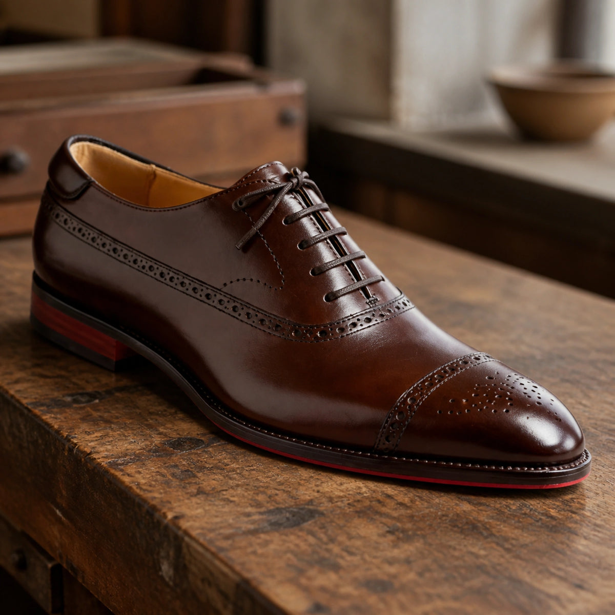 oxford shoes — Dark brown Oxford shoe perforation and leather detail — view 5