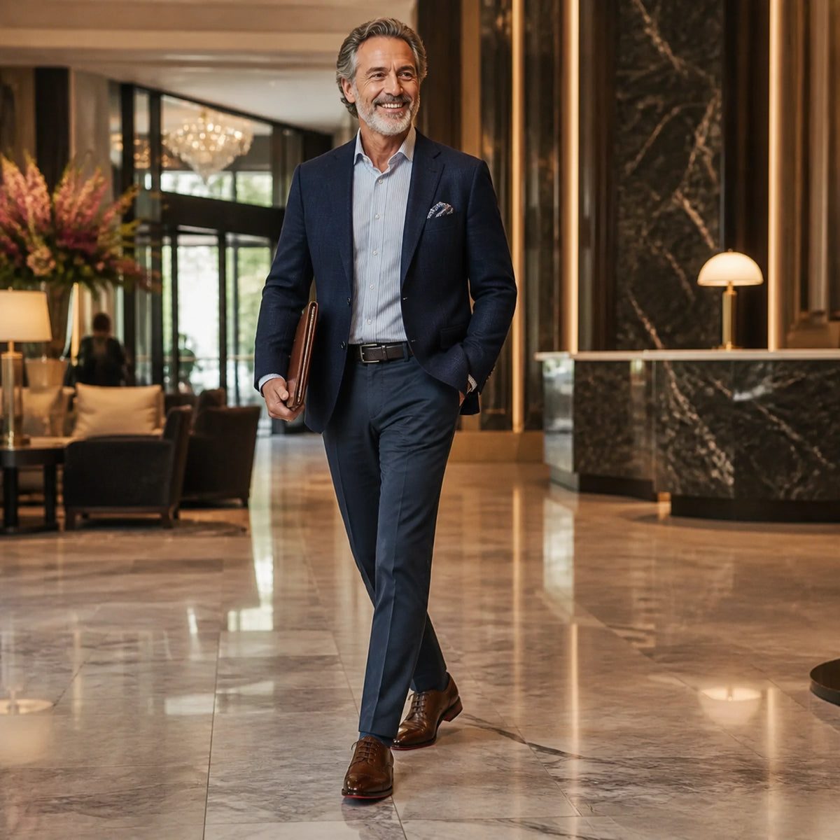 Mature man wearing dark brown Oxford shoes in a hotel lobby — view 6