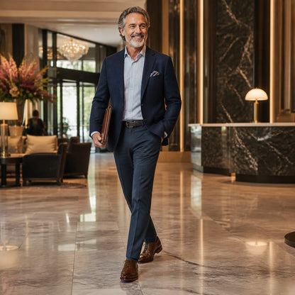 Mature man wearing dark brown Oxford shoes in a hotel lobby — view 6