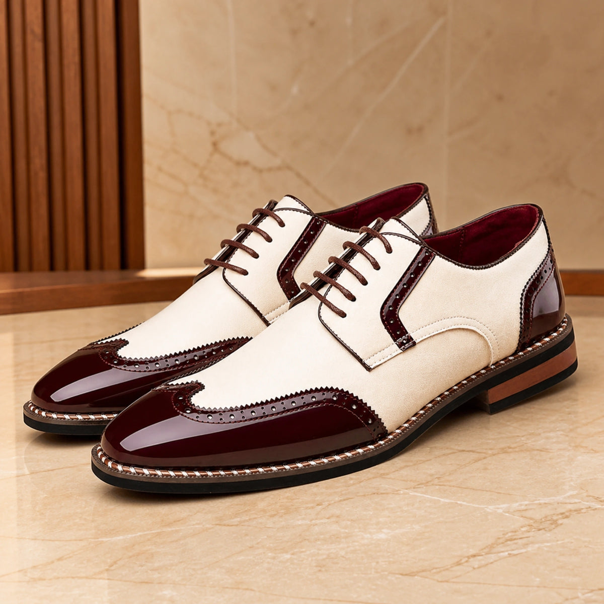 Cream and burgundy contrast wingtip Oxford shoes complete pair view