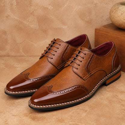 Tan brown contrast wingtip Oxford shoes complete pair view — view 2