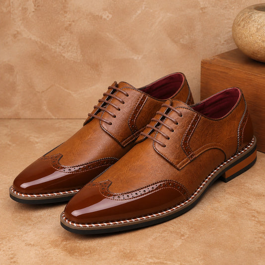 Tan brown contrast wingtip Oxford shoes complete pair view — view 2
