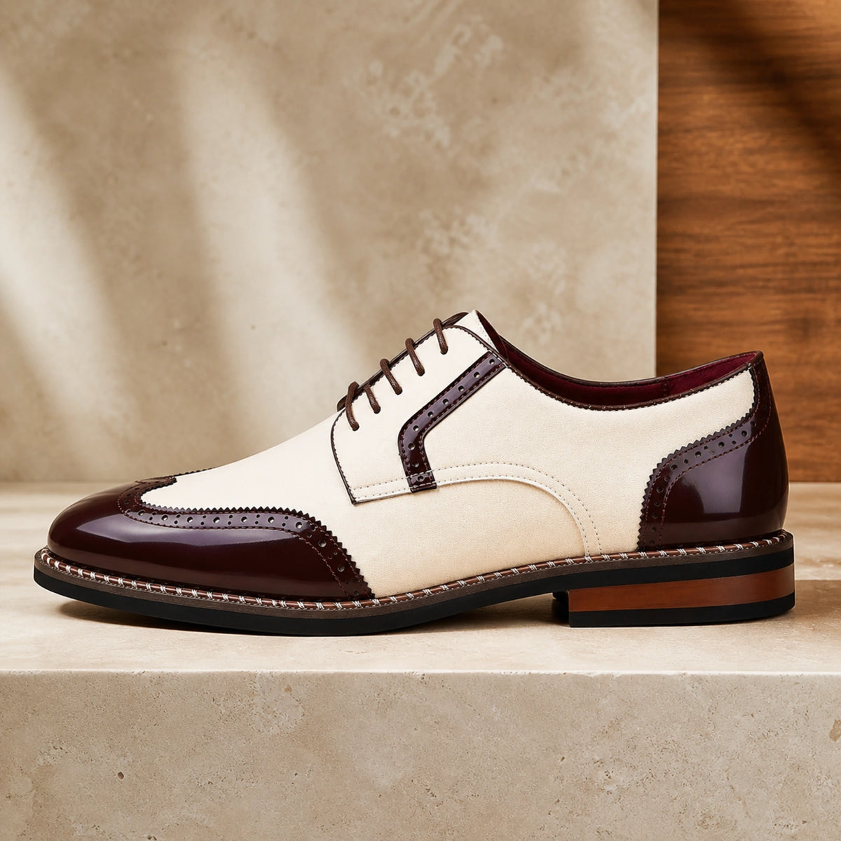 oxford shoes — Cream and burgundy wingtip Oxford shoe true side view — view 4
