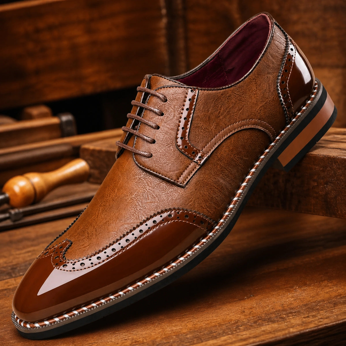 oxford shoes — Tan brown wingtip Oxford shoe leather and brogue detail — view 6
