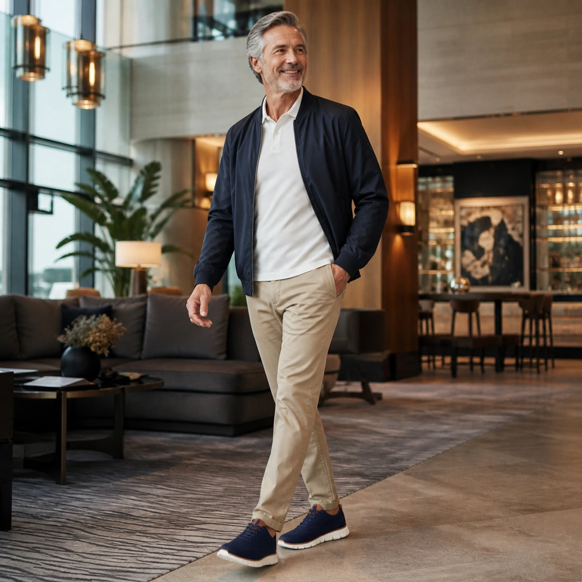 oxford shoes — Mature man wearing navy blue knit Oxford sneakers in a modern hotel — view 12