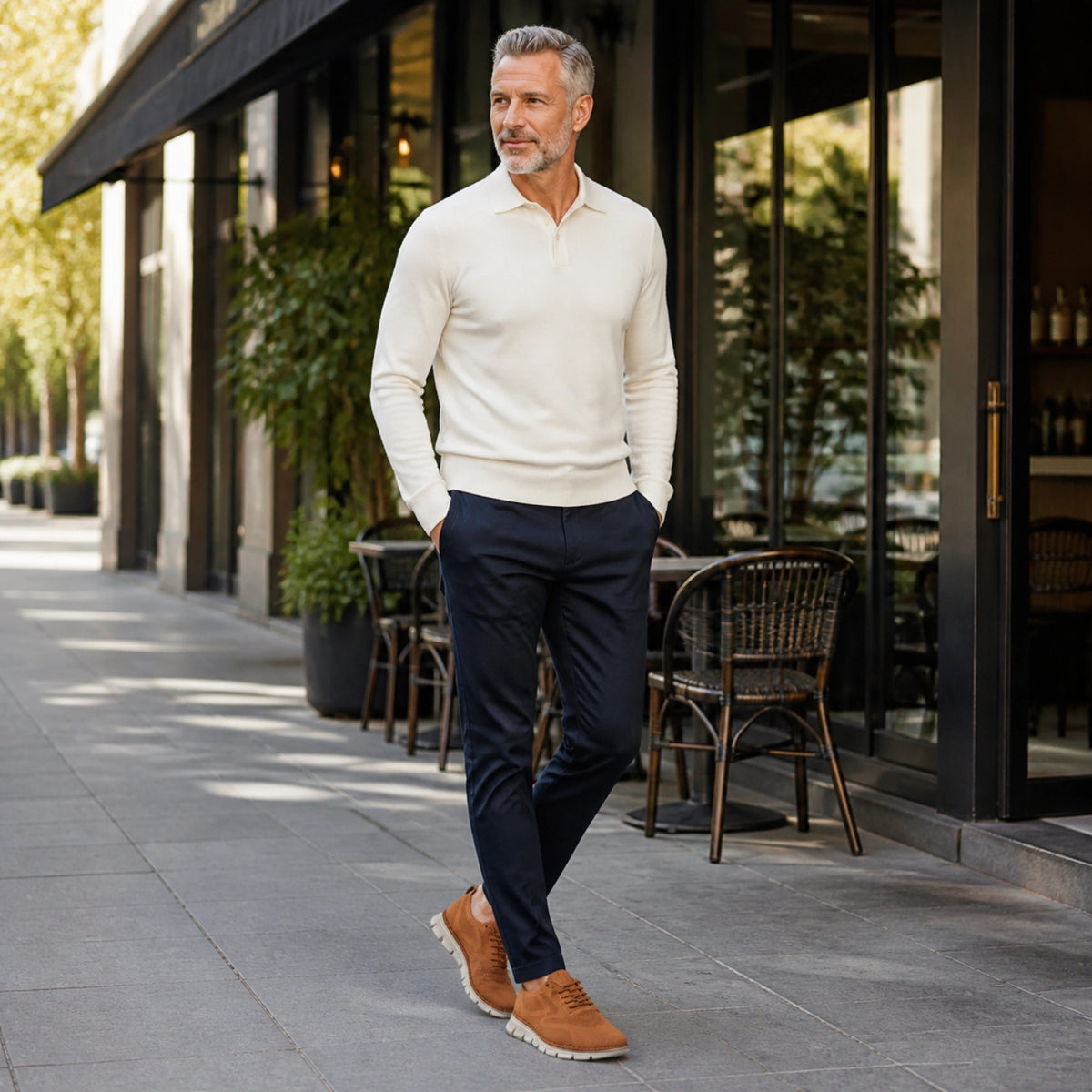oxford shoes — Mature man wearing cognac brown knit Oxford sneakers outside a cafe — view 13
