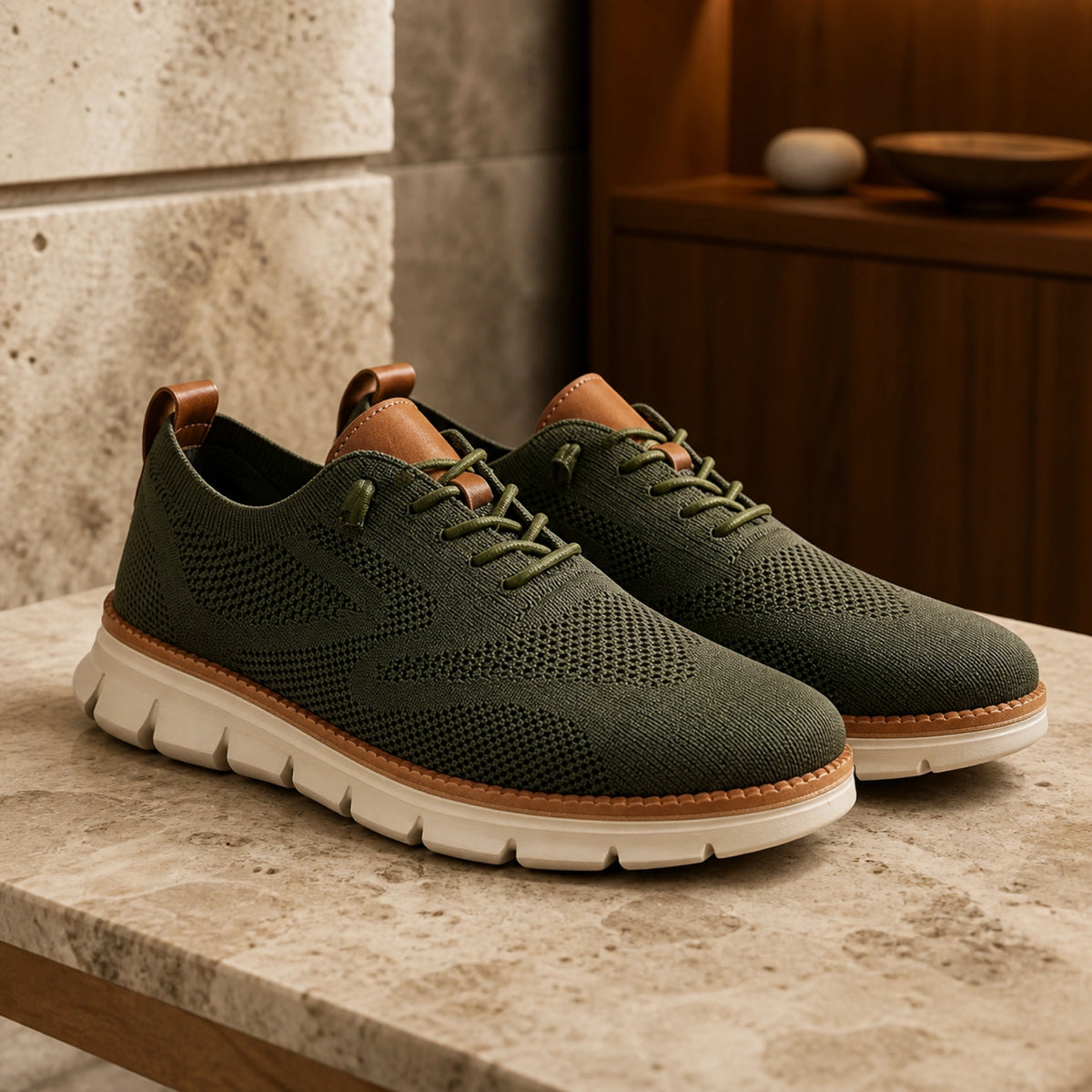 oxford shoes — Olive green breathable knit Oxford sneakers complete pair view — view 4