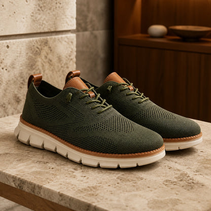 oxford shoes — Olive green breathable knit Oxford sneakers complete pair view — view 4