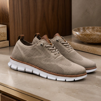 oxford shoes — Taupe breathable knit Oxford sneakers complete pair view — view 5
