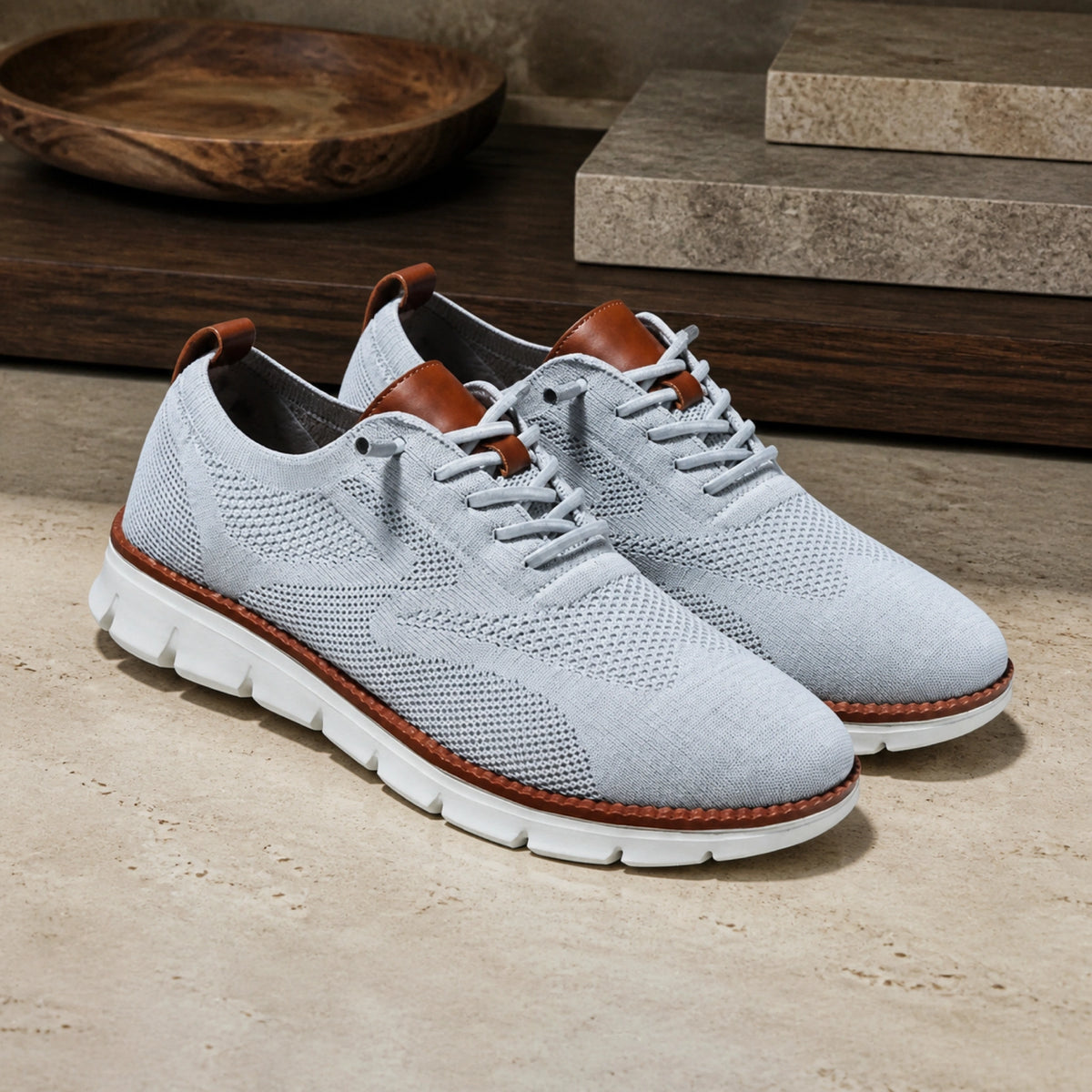 oxford shoes — Light gray breathable knit Oxford sneakers complete pair view — view 6