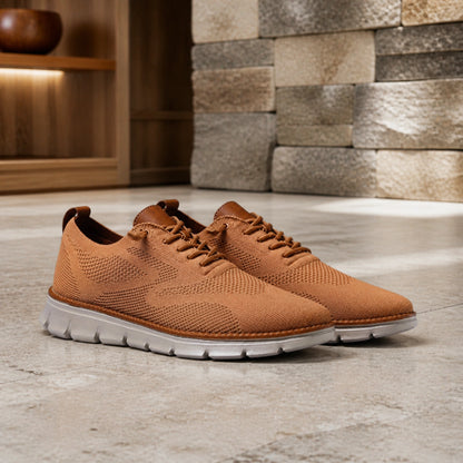 oxford shoes — Cognac brown breathable knit Oxford sneakers complete pair view — view 7