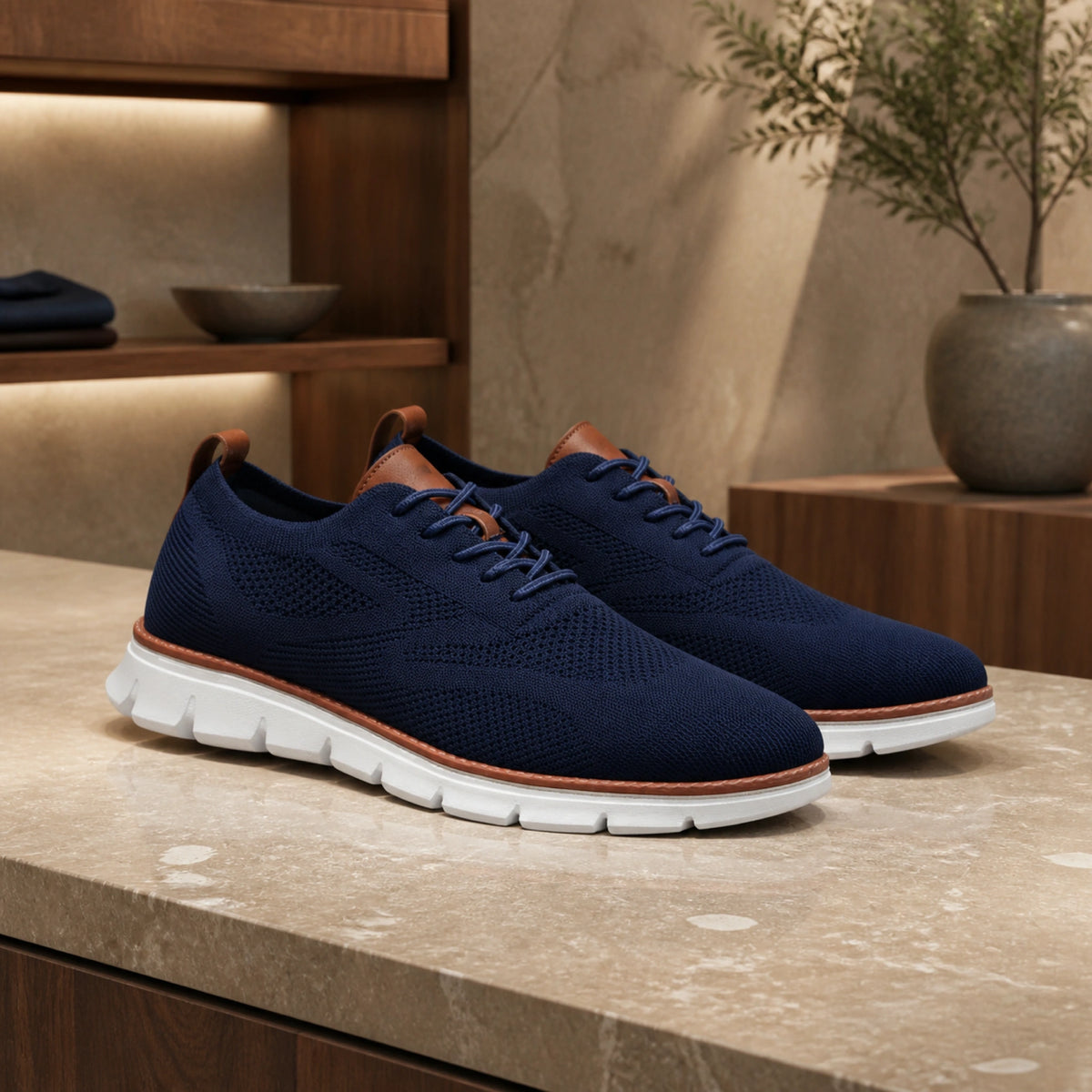 oxford shoes — Navy blue breathable knit Oxford sneakers complete pair view — view 8