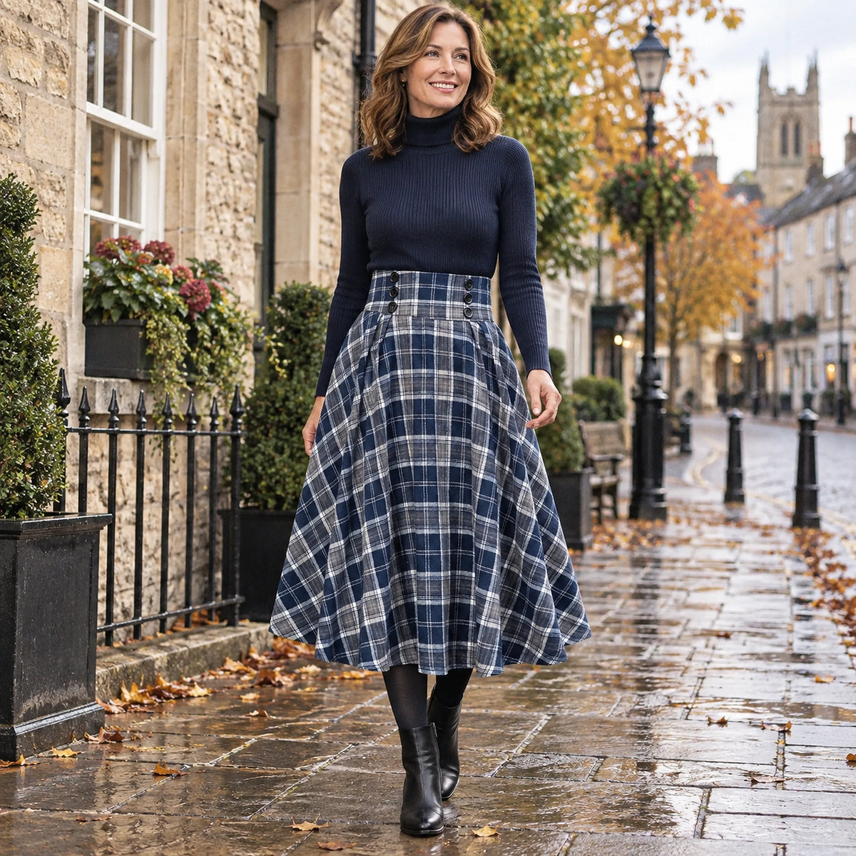 Happy adult model wearing the full Navy Plaid Aria High Waist Button Midi in Red and Green Pleated Skirt a cool UK — view 10