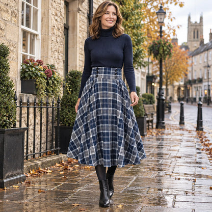 Happy adult model wearing the full Navy Plaid Aria High Waist Button Midi in Red and Green Pleated Skirt a cool UK — view 10