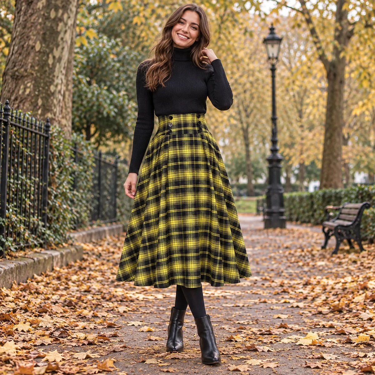 Happy adult model wearing the full Yellow Plaid Aria High Waist Button Midi in Red and Green Pleated Skirt a cool — view 11