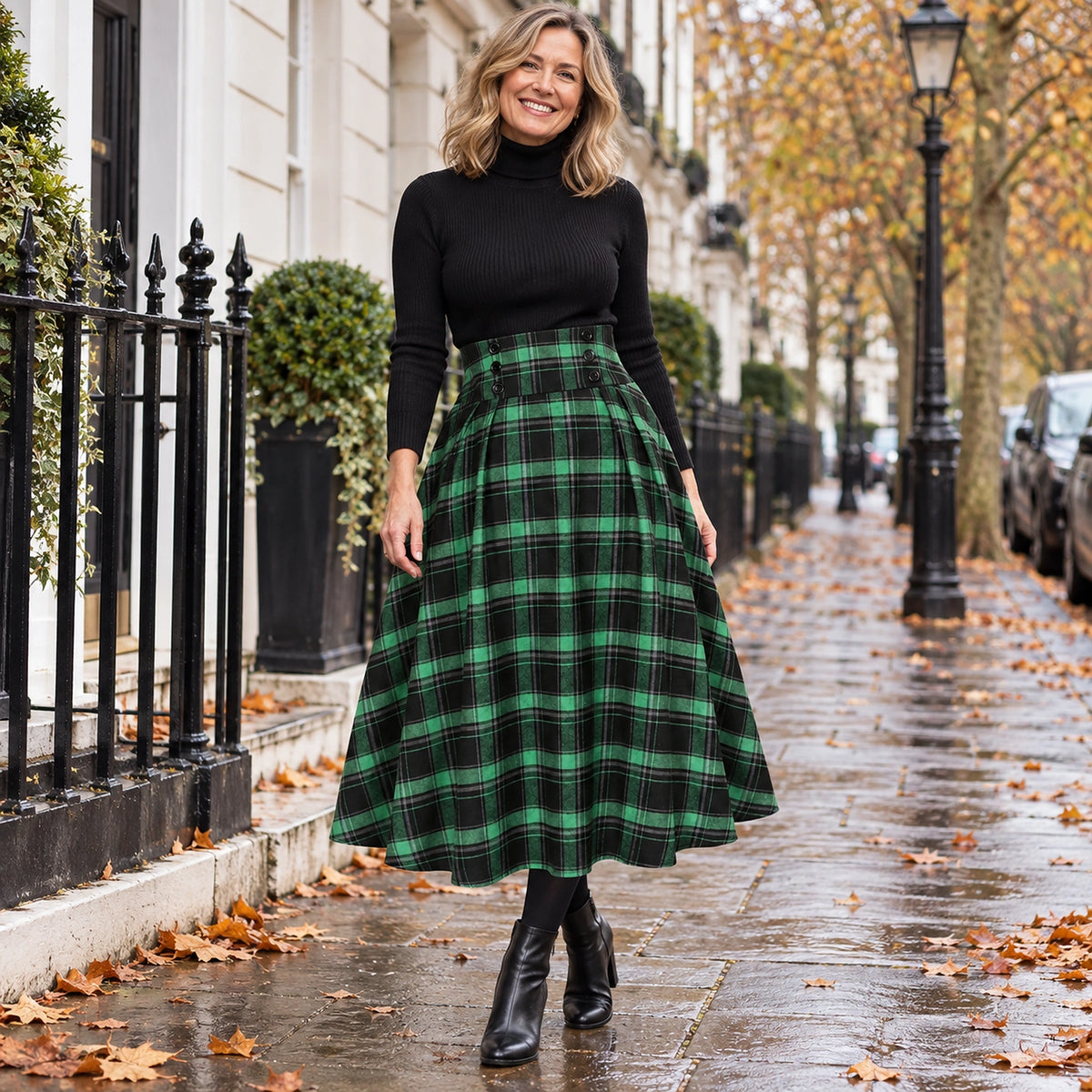 Happy adult model wearing the full Green Plaid Aria High Waist Button Midi in Red and Pleated Skirt a cool UK — view 12