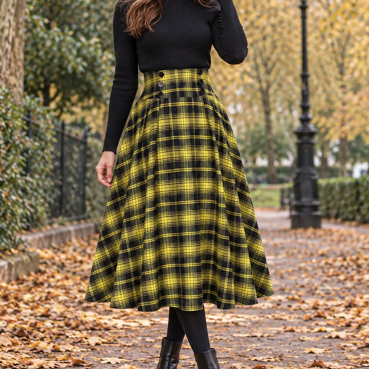 pleated skirt — Front view of the full Yellow Plaid skirt worn by an adult model in a cool UK autumn street setting — view 5