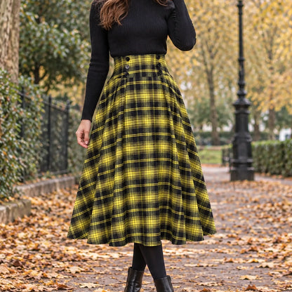 pleated skirt — Front view of the full Yellow Plaid skirt worn by an adult model in a cool UK autumn street setting — view 5