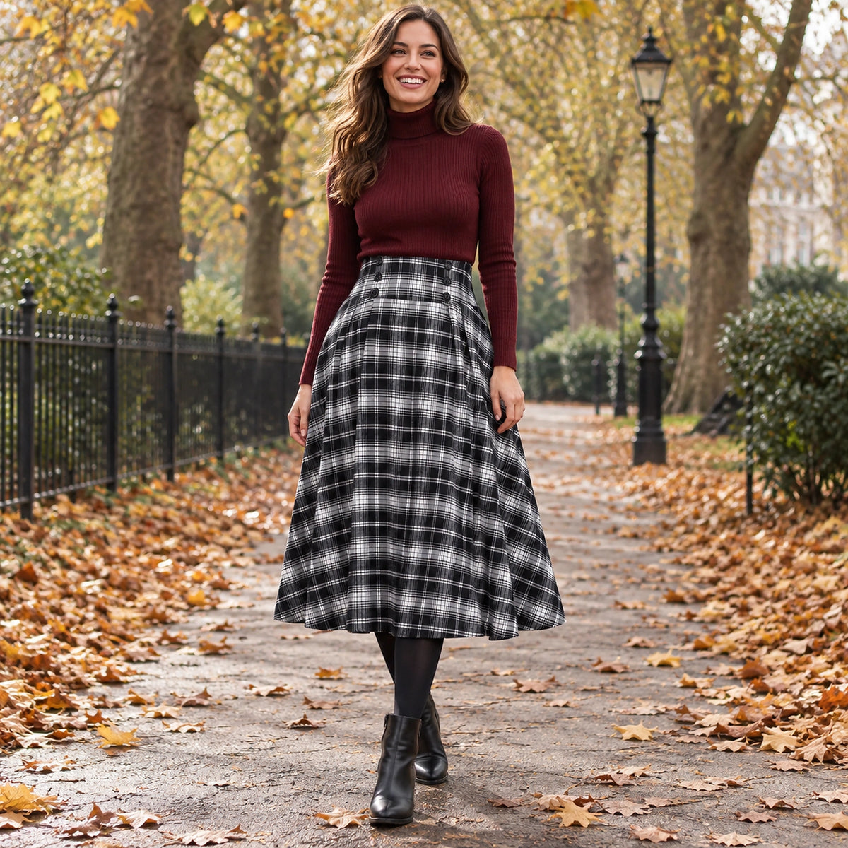 Happy adult model wearing the full Black Plaid Aria High Waist Button Midi in Red and Green Pleated Skirt a cool UK — view 7