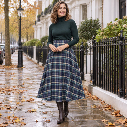 Happy adult model wearing the full Green blue Plaid Aria High Waist Button Midi in Red and Pleated Skirt a cool UK — view 8