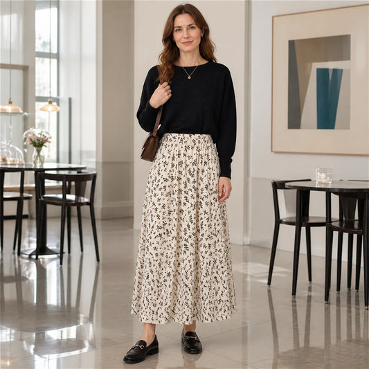 pleated skirt — Ivory black floral A line midi skirt complete front view — view 2